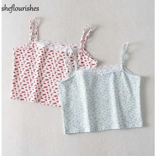 Sexy crop top women summer tank top slash neck floral crop tops bow spaghetti strap tops blue lace camis korean cute tops 2021