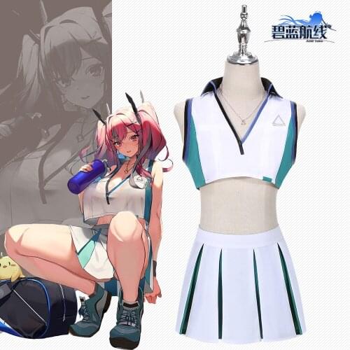 Azur Lane USS Bremerton Cosplay Costume Sexy Womens 2 Piece Summer V Neck Top Sleeveless Pleated Skirt Halloween For Women