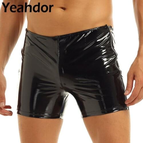 Fashion Mens Shiny Wetlook Patent Leather Party Clubwear Side Zipper Hot Boxer Short Male Slim Fit Shorts Pants Cosplay Costume