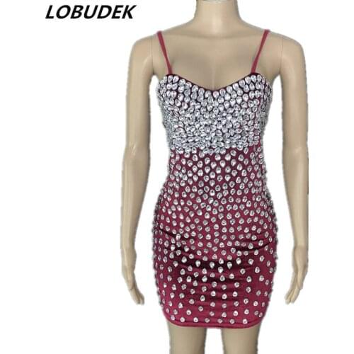 Big Rhinestones Wine Color Velvet Sling Dress Women Singer Host Stage Wear Birthday Party Evening Singer Host Crystals Costume