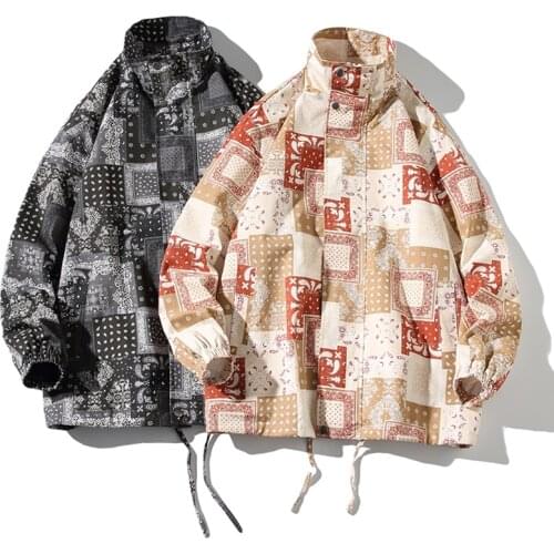 Spring Autumn Loose Bandana Coat Men Women Streetwear Hip Hop Paisley Jacket Stand Collar Zipper Mens Hiphop Clothing 5xl