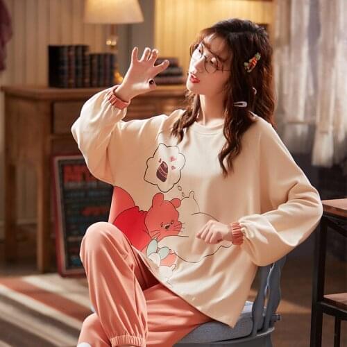 Full Sleeve Melting And Lovely Young Girl Cotton Loose Spring And Autumn Household Pajamas Set