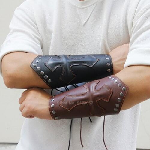Leather Bracer Middle Ages Medieval The Knight Templar Cosplay Accessories Cross String Arm Armor Viking Pirate Punk Cuff