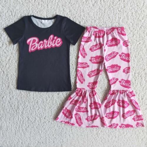 Fashion Pink Printed Baby Girls Outftis Short Sleeve and Bell Bottoms RTS Wholesale Designer Spring/Fall Outfits
