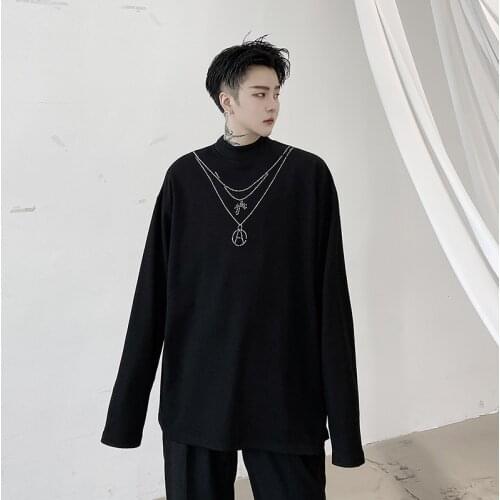 2020 New Fashion T Shirt Men Hotfix Rhinestone Necklace High Street Tops Long Sleeved Black White Hip-hop Oversize Tees Man