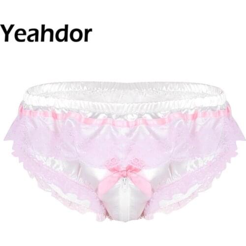 Mens Shiny Soft Satin Sissy LingerieZipper Crotch High Cut Briefs Ruffled Floral Lace Sexy Underwear Male Gay Jockstraps Panties
