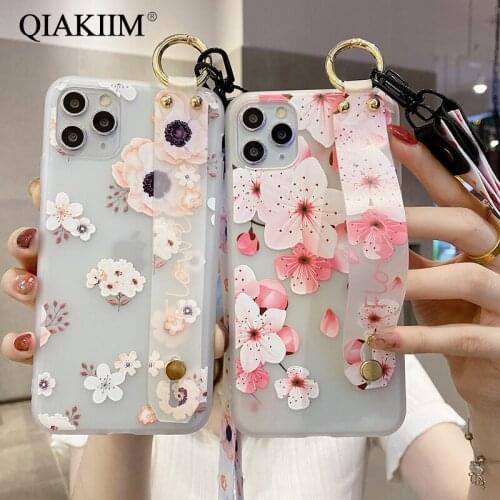 3D Relief Flower Wristband Strap Case For iPhone 11 Pro Max XS X XR 12 Mini 8 7 6 6S Plus SE Soft TPU Stand Holder Phone Cover