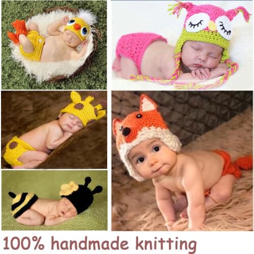 Soft Handmade Crochet Cotton Newborn Baby Photography Props Knitted Fotografia Costume For 0~12 Months Babies Hats Sets BP+032