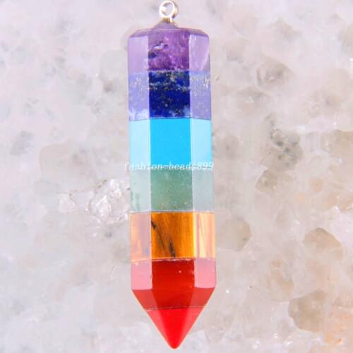 Reiki Charm Pyramid 7 Chakra Natural Gem Stone Rainbow Layered Dowsing Healing Point Pendant Chain Pendulum K1824