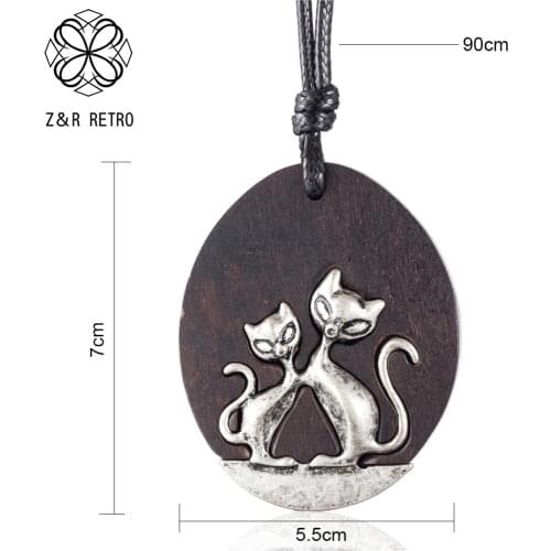 Silver Color Lovely Cats Long Chains Necklace Wooden Jewelry for Women Handmade Fashion Vintage Suspension Pendants Accessories