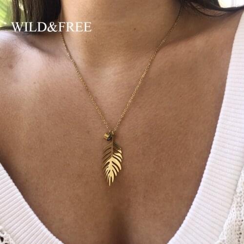 Wild&Free Gold Leaf Necklace For Women Ladies Girl Stainless Steel Leaves Sweater Pendant Necklace Long Chain Jewelry Party Gift