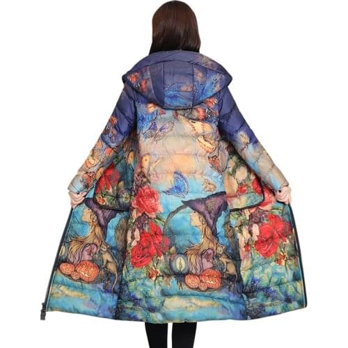 Winter Print Parkas Women X-long White Duck Down Outerwear 2021 Down Jacket Thicken Warm Hooded Coat Female