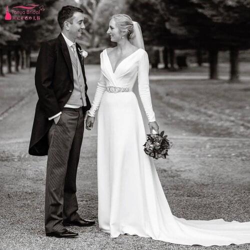 Long Sleeve A-Line Wedding Dresses V-Neck Simole Elegant Bridal Gowns ZW483