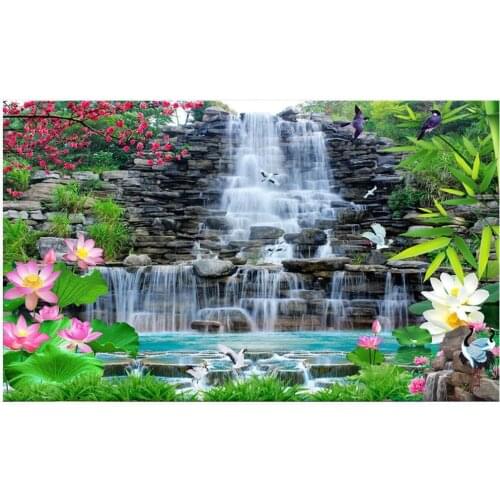 Custom photo wallpaper 3d mural wallpaper for walls 3d Idyllic landscape painting waterfall lotus bamboo scenery background wall