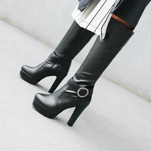 PXELENA Thin High Heels Knee High Boots Women Fashion Office Party Date Dress Long Boots Ladies Shoes Buckle Side Zipper 34-43