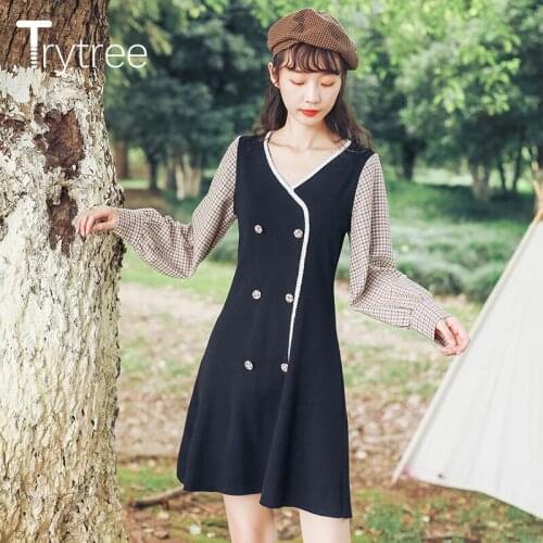 Trytree 2020 Spring Autumn Casual Womens Dress Loose V-Neck Buttons A-line Hem Patchwork Plaid Puff Sleeve Sweet Shirt Dress
