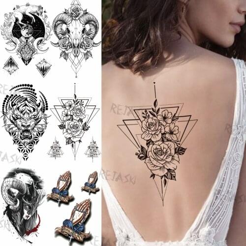 Geometric Rose Temporary Tattoos For Women Men Realistic Deer Totem Fox Lion Warrior Fake Tatoos DIY Sexy Washable Back Tatoos