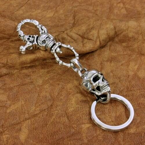 High Detail 925 Sterling Silver Skull KeyRing Mens Biker Rock Punk Keychain TA200