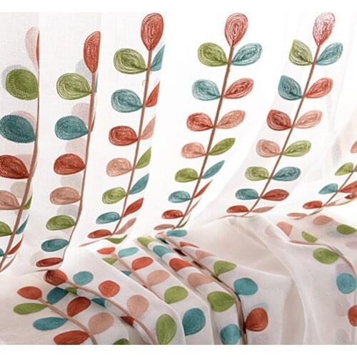 White Cotton Embroidery Colorful Branches Tulle Curtains for Living Room Bedroom Sheer Window Treatments Yarn Curtain Fabric