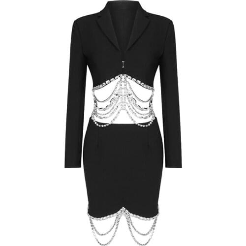 Sexy Beading Chain Women Two Pieces Sets Bodycon Top& Skirt Sets 2021 New Autumn Winter Elegant Clothing