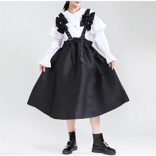 Johnature New Women Bow Loose Sleeveless Dresses 2021 Autumn Fashion Solid Color Elastic Waist Female Dress