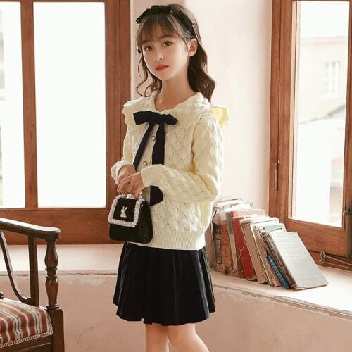2021 Girls Sets Autumn Winter Bowtie Knitted Shirts and Pleated Skirt 2 Pcs Suit Boutique Kids Clothing Set for 6-16Y Children