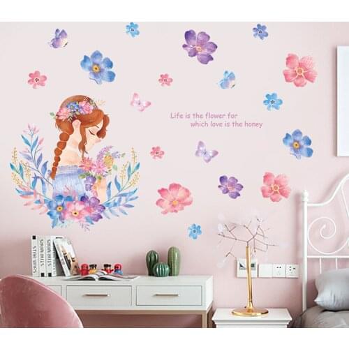 60*90CM Beautiful Flowers Blue Deer Wall Stickers For Kids Room Girls Room Bedroom Decor Dream Art Nursery Decals Home Decor