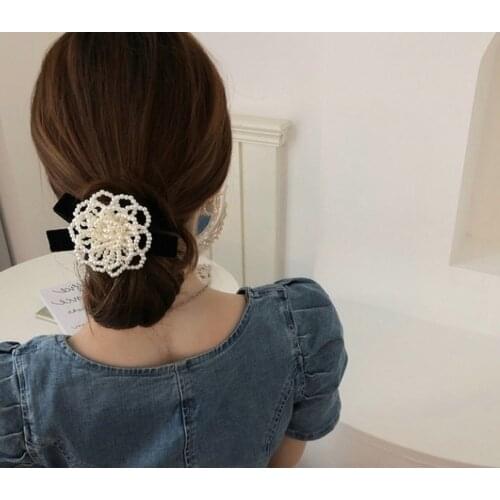 Korea Dongdaemun hair accessories head rope French retro pearl flower bow tie hair rubber band female ins Sen system