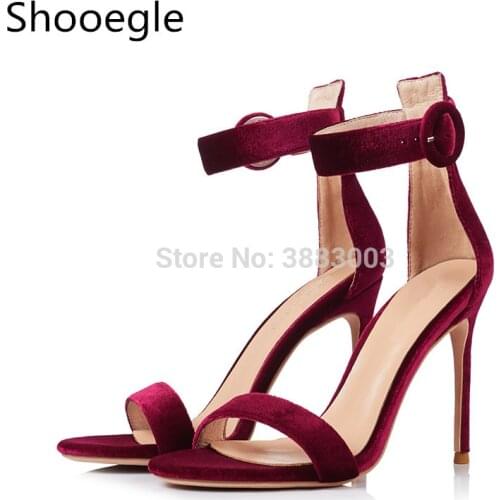 Summer Velvet Thin High Heel Round Buckle Strap Women Sandals Open Toe Party 10 CM High Heel Dress Pumps wine red balck