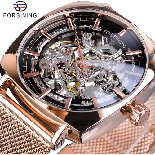 Forsining Rose Gold Men Automatic Watch Business Square Transparent Steel Slim Mesh Belt Unisex Mechanical Wrist Watches Relogio