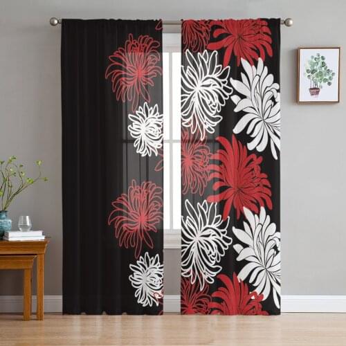 White Red Flower Chrysanthemum Black Sheer Curtains for Living Room Modern Voile Curtain Bedroom Tulle Curtains Window Drapes