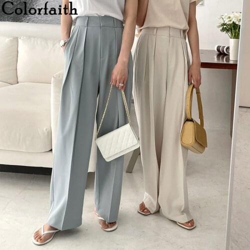 Colorfaith New 2021 Womens Spring Summer Women Pants Wide Leg Straight High Waist Wild Office Lady Ankle-Length Trousers P1702