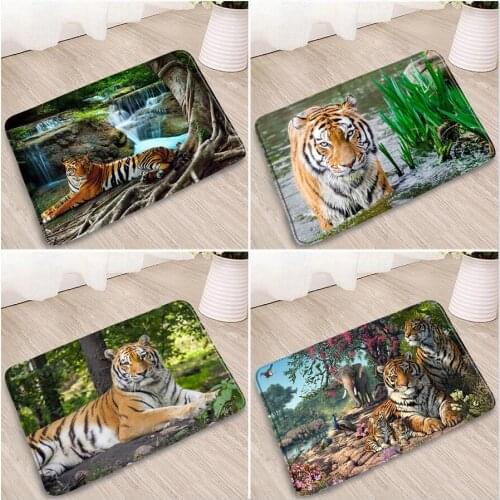 Wild Animals Bathroom Mat Tiger Elephant Peacocks Forest Plant Green Leaves Waterfall Pond Doormat Bedroom Kitchen Non-Slip Rugs