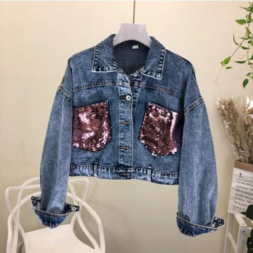 England style single breasted sequins beading Denim jacket female great quality short denim outwear tops wq1583 dropship