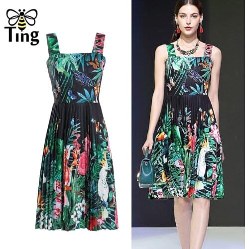 Tingfly Bohemian Tropcial Forest Printing Summer Casual Pleated Dress Street Chic Boho Sleeveless Dress Vestidos Plus Size Robes