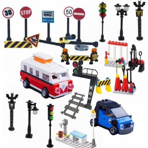 MOC Locking Train Track Semaphore Street Traffic light Bus City Accessories Building Blocks Lockings Citys Set Toys For Children