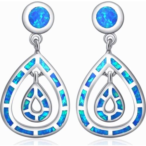 ROLILASON Trendy water drops earring silver plated stamped blue fire opal Drop Earrings fashion Jewelry OE741