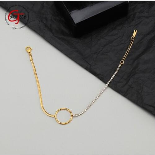 Fashion Women Bracelet Gold Plated Stainless Steel Circle Rhinestone Hand Chain Charm Bracelets Jewelry