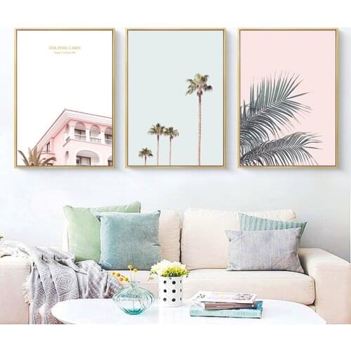 Nordic Pink building plants Wall Art Canvas Poster and Print Canvas Painting Landscape Decorative Picture for Living Room