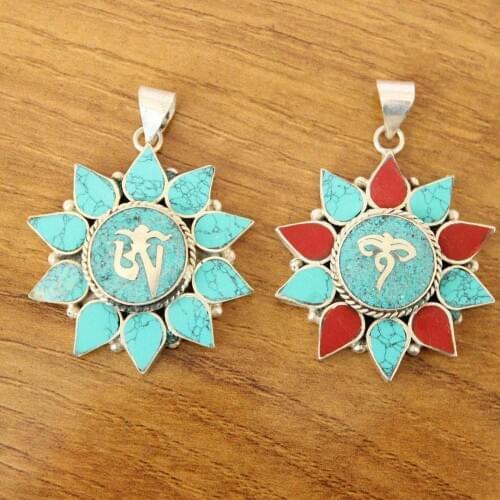 PN078 Tibetan Silver Buddha Eye Flower Pendant Necklace Nepalese Handmade Jewelry Colorful Stone Woman Pendant