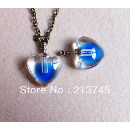 Rice Freeshipping!! polyhedron Heart within the transparent with blue peach heart glass Vial Pendants Jewelry Pendant