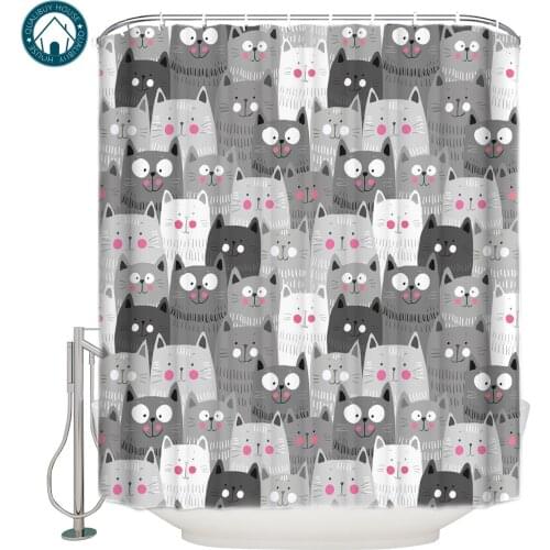 Qualibuy House Store Cartoon Grey Cat Bathroom Shower Curtains Fabric Shower Curtains Bathroom Accessories Shower Curtain Liner