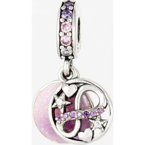 925 Sterling Silver Love Purple Enamel Crystal Heart Stars Hanging pan Charms Fit Original Bracelet For Women DIY Jewelry