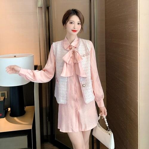 Autumn New Suit Solid Color Fashion Bow Women Blouse Long Shirt Dress+Chic French Temperament Slim Vest Coat jacket 2 Piece Set