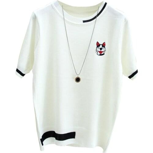 O collar Small animal embroidery sweater bottoming shirt womens Solid color thin pullover summer Ice silk Short sleeve