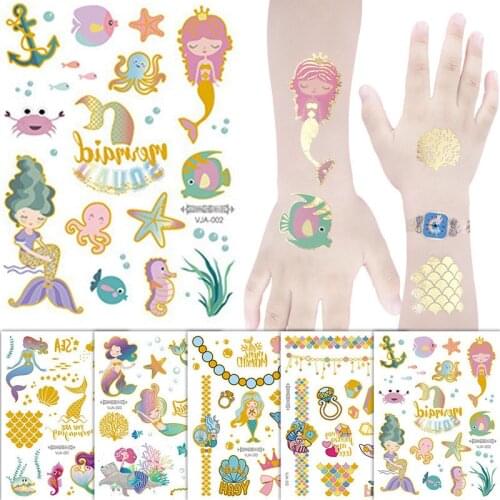 1pcs Mermaid Bronzing Cartoon Childrens Metallic Gold Body Temporary Flash Tattoos For Kids Glitter Tattoo cute Stickers