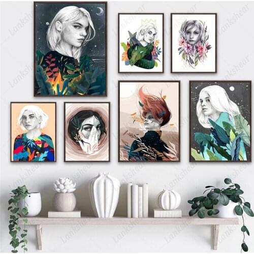 Abstract Wall Art Canvas Painting Girl Flower Leaf Dragon Palm Nordic Posters and Prints Pictures for Interior Living Room Decor