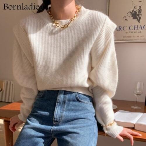 Bornladies 2021 Autumn Winter Loose O Neck Fake Two Piece Pullover Basic Warm Sweater for Women Korean Soft Kniited Sweater Tops