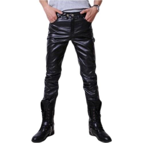 Fashion Men Shiny Leather Pants Spring Autumn Slim Pencil Pant New Locomotive PU Leather Pant Male Night Club Stage Trouser