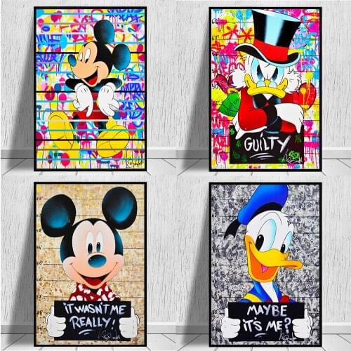 Disney Mickey Wanted Graffiti Art Posters and Prints Donald Duck Canvas Painting on the Wall Street Art Pictures Home Decoration
